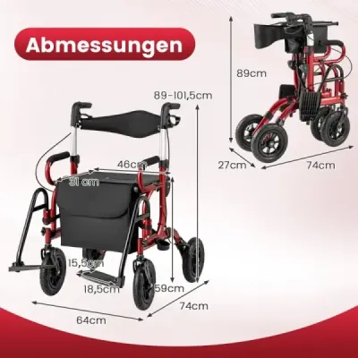 Rollator s pneumatikami skládací a lehký se sedadlem 2 v 1 invalidní vozík a cestovní rollator červený