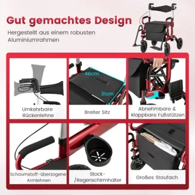 Rollator s pneumatikami skládací a lehký se sedadlem 2 v 1 invalidní vozík a cestovní rollator červený