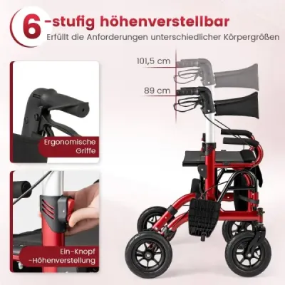 Rollator s pneumatikami skládací a lehký se sedadlem 2 v 1 invalidní vozík a cestovní rollator červený