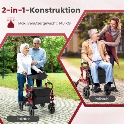 Rollator s pneumatikami skládací a lehký se sedadlem 2 v 1 invalidní vozík a cestovní rollator červený
