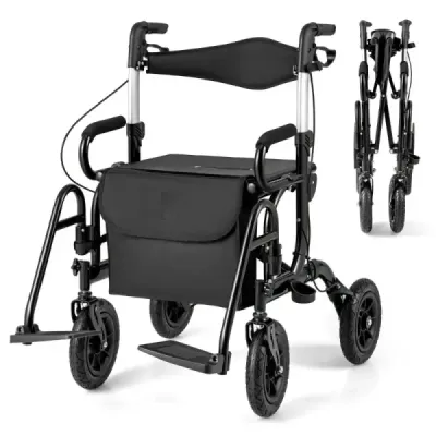 Rollator s pneumatikami skládací a lehký se sedadlem 2 v 1 invalidní vozík a cestovní rollator černý