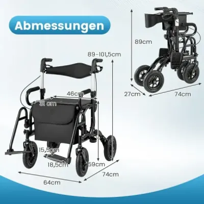 Rollator s pneumatikami skládací a lehký se sedadlem 2 v 1 invalidní vozík a cestovní rollator černý