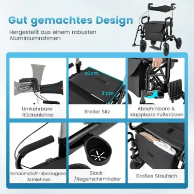 Rollator s pneumatikami skládací a lehký se sedadlem 2 v 1 invalidní vozík a cestovní rollator černý