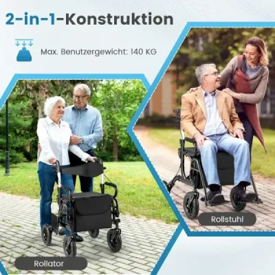 Rollator s pneumatikami skládací a lehký se sedadlem 2 v 1 invalidní vozík a cestovní rollator černý