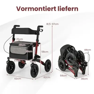 Rolák s pneumatikami skládací a lehký se sedadlem hliníkový do 140 kg 2 v 1 invalidní vozík červený