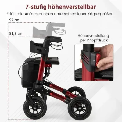Rolák s pneumatikami skládací a lehký se sedadlem hliníkový do 140 kg 2 v 1 invalidní vozík červený