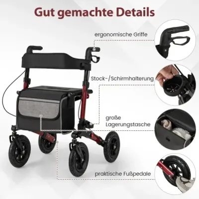 Rolák s pneumatikami skládací a lehký se sedadlem hliníkový do 140 kg 2 v 1 invalidní vozík červený