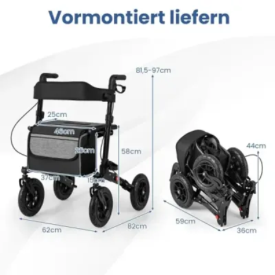 Rolák s pneumatikami skládací a lehký se sedadlem hliníkový do 140 kg 2 v 1 invalidní vozík černý