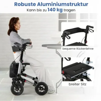 Rollator s pneumatikami skládací a lehký se sedadlem hliníkový do 140 kg 2 v 1 invalidní vozík stříbrný