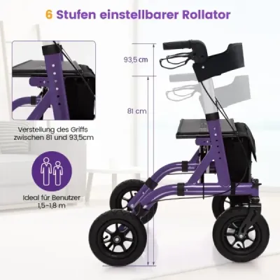 Rollator skládací a lehký se sedadlem z hliníku do 160 kg Invalidní vozík 2 v 1 a cestovní rolátor fialový