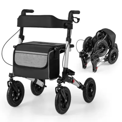 Rollator s pneumatikami skládací a lehký se sedadlem hliníkový do 140 kg 2 v 1 invalidní vozík stříbrný
