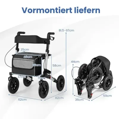 Rollator s pneumatikami skládací a lehký se sedadlem hliníkový do 140 kg 2 v 1 invalidní vozík stříbrný
