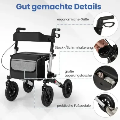Rollator s pneumatikami skládací a lehký se sedadlem hliníkový do 140 kg 2 v 1 invalidní vozík stříbrný