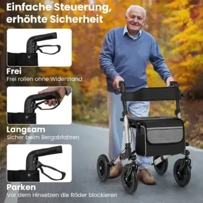 Rollator s pneumatikami skládací a lehký se sedadlem hliníkový do 140 kg 2 v 1 invalidní vozík stříbrný