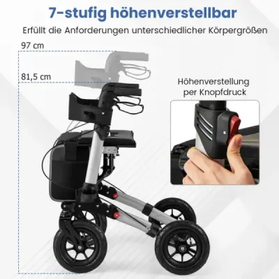 Rollator s pneumatikami skládací a lehký se sedadlem hliníkový do 140 kg 2 v 1 invalidní vozík stříbrný