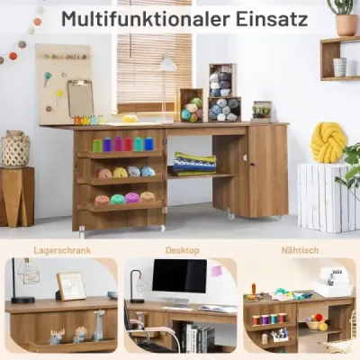 Skládací šicí stůl univerzální řemeslnický stůl se širokou pracovní deskou 158 x 50 x 75 cm hnědý