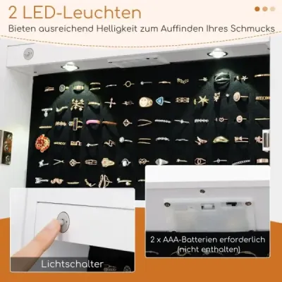 Zrcadlová skříňka 2 v 1 s LED osvětlením a zrcadlem po celé délce Uzamykatelná šperkovnice Bílá