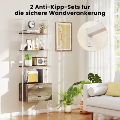 Šestipodlažní žebříkový regál se 2 zásuvkami Nástěnná knihovna s kovovým rámem šedá