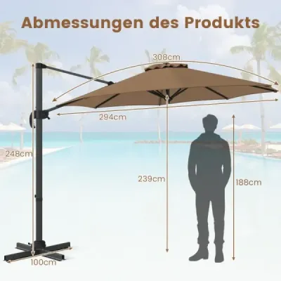 Slunečník 300 x 300 cm s kličkou 360° otočný konzolový slunečník Zahradní slunečník Tržní slunečník Hnědý