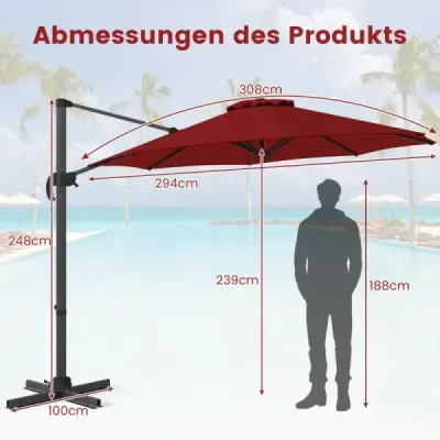 Slunečník 300 x 300 cm s kličkou 360° otočný konzolový slunečník Zahradní slunečník Tržní slunečník Červený