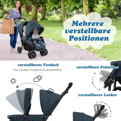 Sourozenecký skládací kočárek pro dvojčata s nastavitelnou opěrkou zad a stříškou Nosnost 30 kg Modrá barva