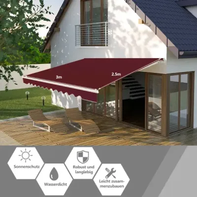 Markýza s klikou Stahovací markýza Hliníková ochrana proti slunci na terase 3 x 2,5 m-vínová červená