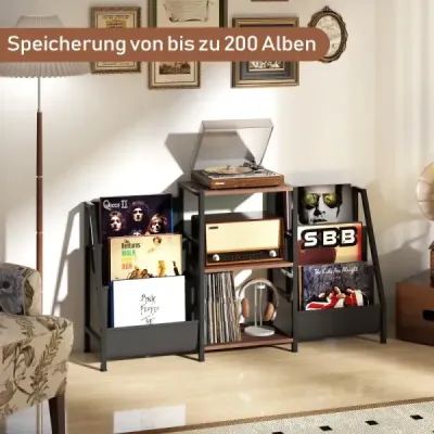 Stojan na gramofon s policí na vinyly a 3 policemi a 6 úložnými kapsami Stojan na gramofonové desky